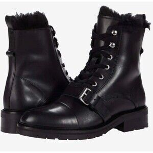 AllSaints Donita Black Leather Shearling Fur Lined Combat Boots Sz 41/US 11 New